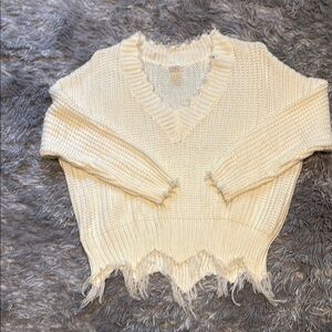 Fashion Nova Cream Frayed V-Neck Sweater